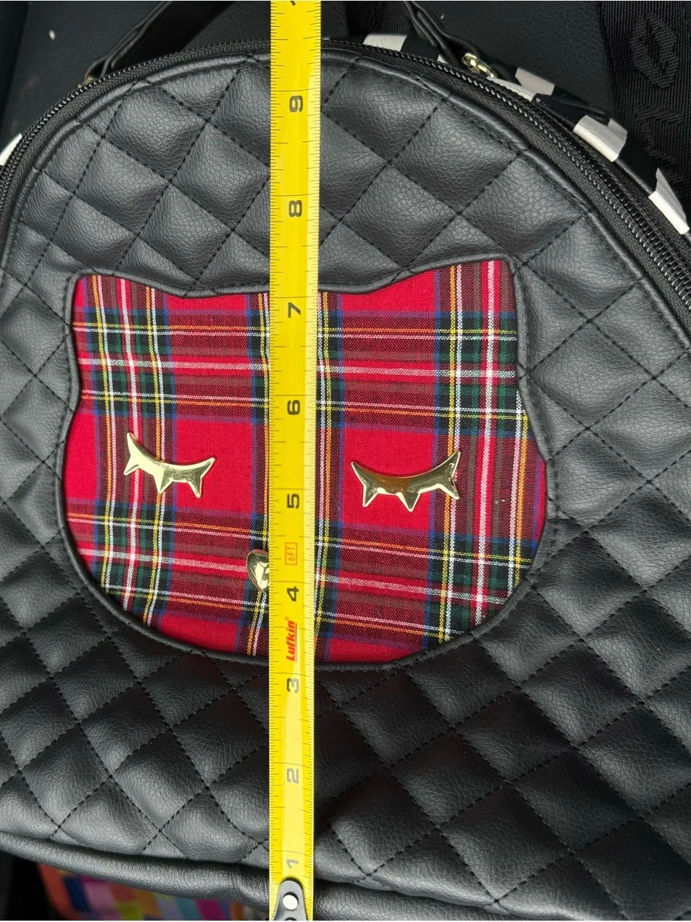 Betsey Johnson whimsical Quilted plaid cat Backpack Purse
